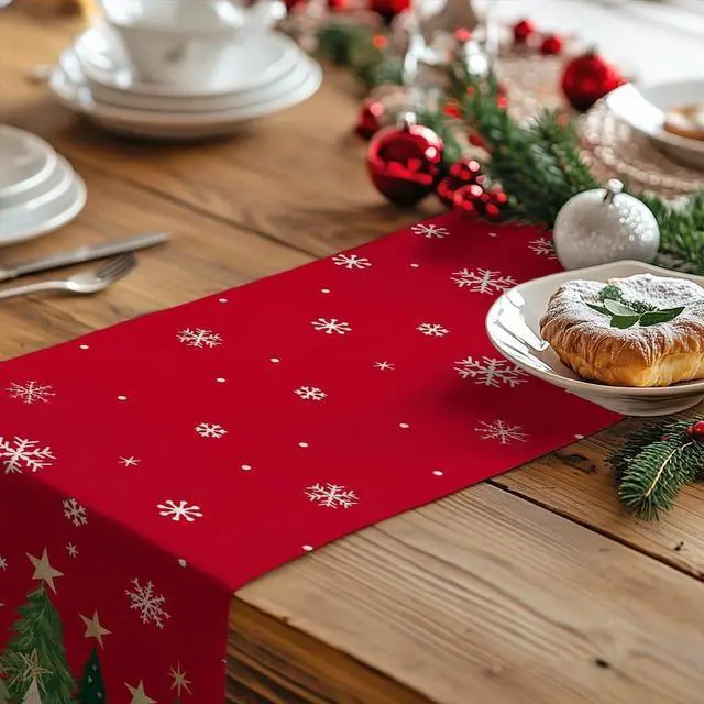 Alt view image 5 of 7 - GEEORY Christmas Table Runner 13x72 Inch, Snowflakes Trees Winter Decor | Holiday Party Decorative Farmhouse Table Decorations, Kitchen Dinning, Indoor Outdoor (Red)