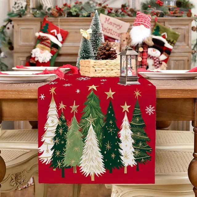 Alt view image 7 of 7 - GEEORY Christmas Table Runner 13x72 Inch, Snowflakes Trees Winter Decor | Holiday Party Decorative Farmhouse Table Decorations, Kitchen Dinning, Indoor Outdoor (Red)