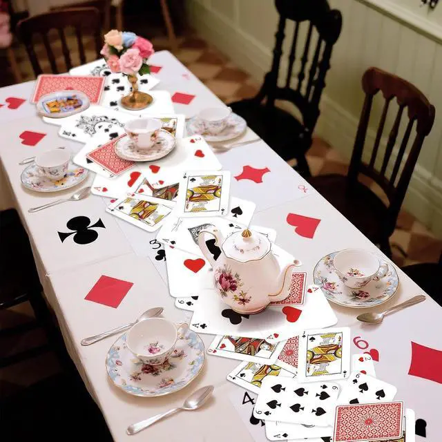 Alt view image 4 of 6 - Preboun 1 Pcs Wonderland Tea Party Decoration 12 × 72 Inches Poker Linen Table Runner Wonderland Decorations for Game Playing Birthday Halloween Party Favor Decoration