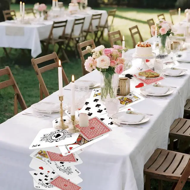 Alt view image 6 of 6 - Preboun 1 Pcs Wonderland Tea Party Decoration 12 × 72 Inches Poker Linen Table Runner Wonderland Decorations for Game Playing Birthday Halloween Party Favor Decoration