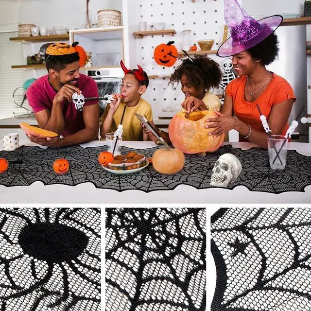 Alt view image 3 of 7 - Halloween Table Runner, Black Lace Spider Web Table Runners for Halloween Decor/Party Dinner Table Decoration 18 x 72Inch
