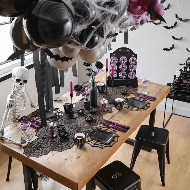 Alt view image 2 of 7 - Halloween Table Runner, Black Lace Spider Web Table Runners for Halloween Decor/Party Dinner Table Decoration 18 x 72Inch