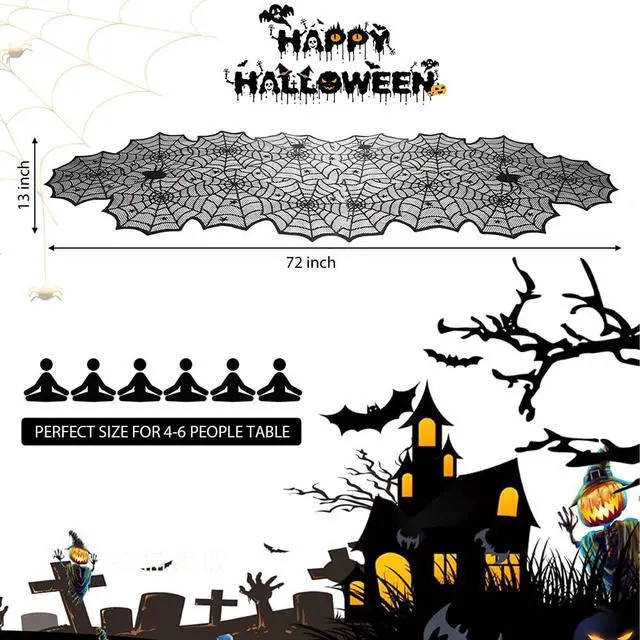 Alt view image 4 of 7 - Halloween Table Runner, Black Lace Spider Web Table Runners for Halloween Decor/Party Dinner Table Decoration 18 x 72Inch