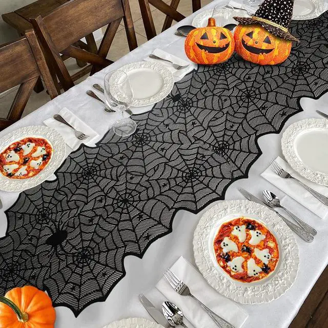 Alt view image 6 of 7 - Halloween Table Runner, Black Lace Spider Web Table Runners for Halloween Decor/Party Dinner Table Decoration 18 x 72Inch