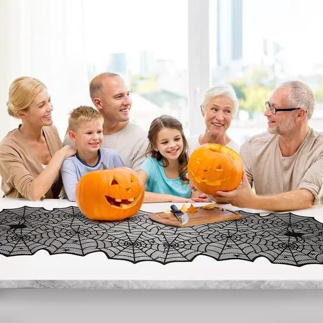 Alt view image 7 of 7 - Halloween Table Runner, Black Lace Spider Web Table Runners for Halloween Decor/Party Dinner Table Decoration 18 x 72Inch