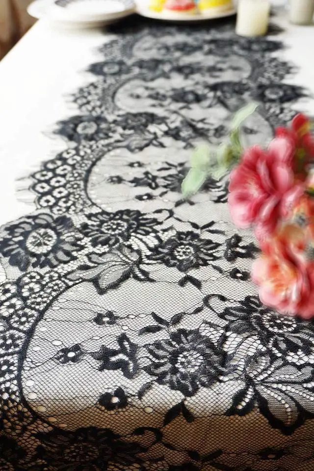 Main image of Letjolt 2 Pcs Black Lace Table Runner Decoration 14 x 120 Inches | Anniversary Embroidered Doilies Party Supplies Vintage Centerpiece Boho Wedding Bridal Baby Shower Decorations