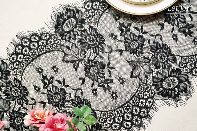Alt view image 2 of 7 - Letjolt 2 Pcs Black Lace Table Runner Decoration 14 x 120 Inches | Anniversary Embroidered Doilies Party Supplies Vintage Centerpiece Boho Wedding Bridal Baby Shower Decorations