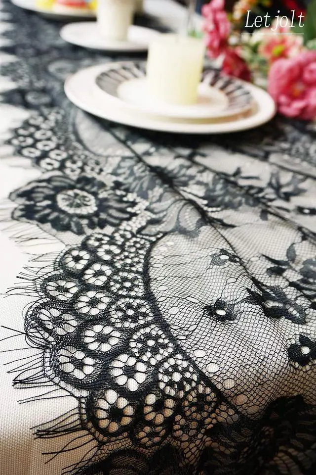 Alt view image 6 of 7 - Letjolt 2 Pcs Black Lace Table Runner Decoration 14 x 120 Inches | Anniversary Embroidered Doilies Party Supplies Vintage Centerpiece Boho Wedding Bridal Baby Shower Decorations