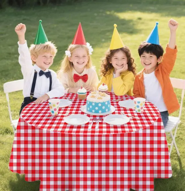 Alt view image 2 of 7 - SietDESEO 2 Pack Red Gingham Tablecloth Round 84 x 84 Red and White Checkered Table Cloth Disposable Plaid Table Cover for Camping Picnic Wedding Party Supplies Circle Plastic Tablecloth