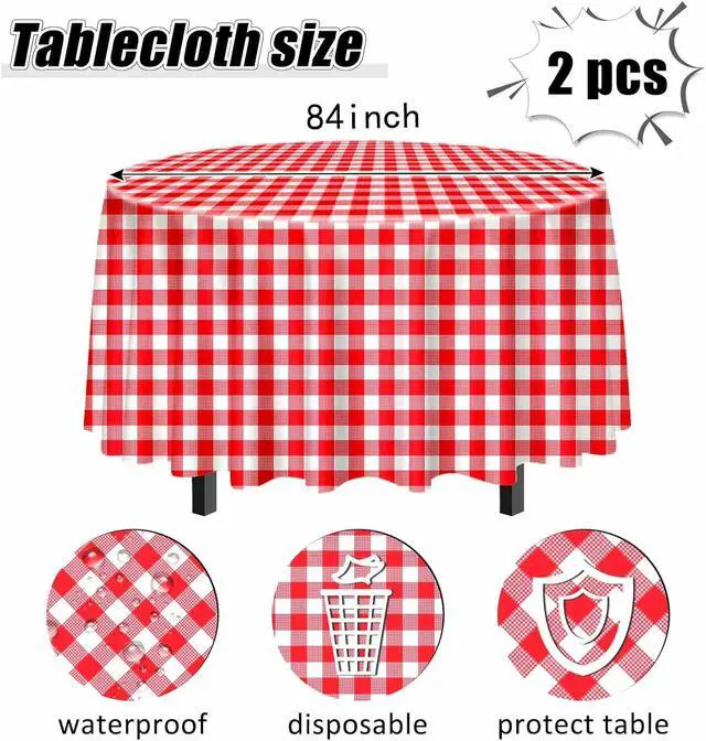 Alt view image 3 of 7 - SietDESEO 2 Pack Red Gingham Tablecloth Round 84 x 84 Red and White Checkered Table Cloth Disposable Plaid Table Cover for Camping Picnic Wedding Party Supplies Circle Plastic Tablecloth