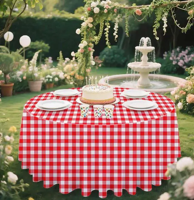 Alt view image 4 of 7 - SietDESEO 2 Pack Red Gingham Tablecloth Round 84 x 84 Red and White Checkered Table Cloth Disposable Plaid Table Cover for Camping Picnic Wedding Party Supplies Circle Plastic Tablecloth