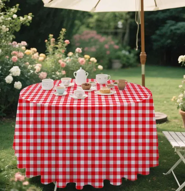 Alt view image 6 of 7 - SietDESEO 2 Pack Red Gingham Tablecloth Round 84 x 84 Red and White Checkered Table Cloth Disposable Plaid Table Cover for Camping Picnic Wedding Party Supplies Circle Plastic Tablecloth