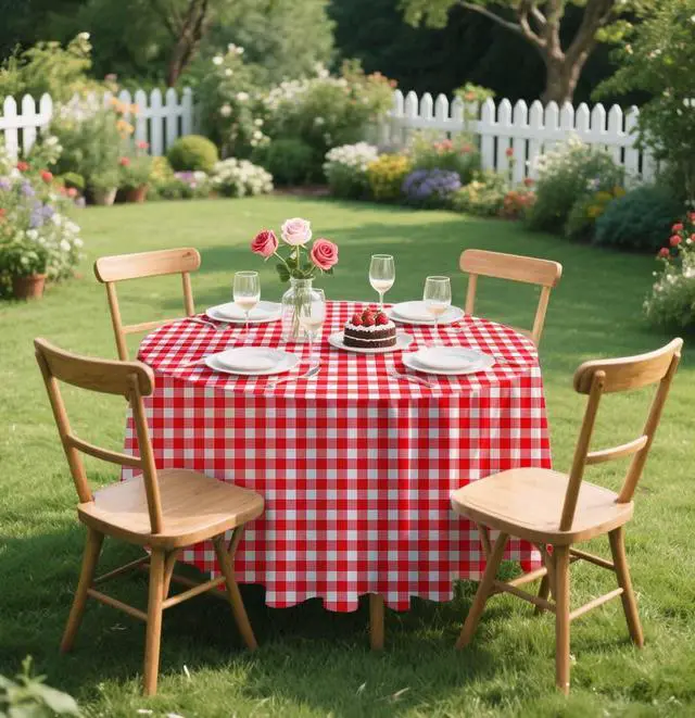 Alt view image 7 of 7 - SietDESEO 2 Pack Red Gingham Tablecloth Round 84 x 84 Red and White Checkered Table Cloth Disposable Plaid Table Cover for Camping Picnic Wedding Party Supplies Circle Plastic Tablecloth