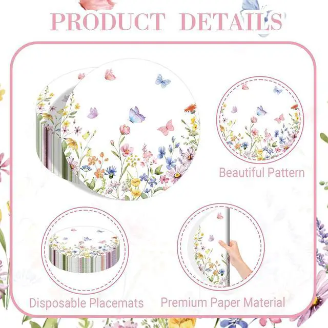 Alt view image 3 of 7 - 50PCS Spring Floral Placemats Disposable Wildflower Paper Placemats Summer Round Table Mats for Birthday Wedding Anniversary Bride Party Supplies