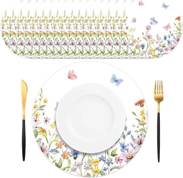 Main image of 50PCS Spring Floral Placemats Disposable Wildflower Paper Placemats Summer Round Table Mats for Birthday Wedding Anniversary Bride Party Supplies
