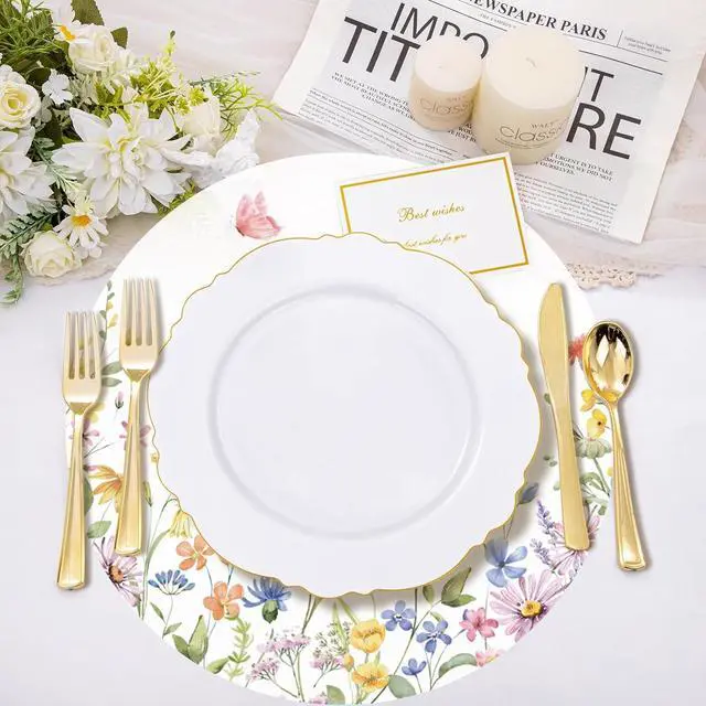 Alt view image 4 of 7 - 50PCS Spring Floral Placemats Disposable Wildflower Paper Placemats Summer Round Table Mats for Birthday Wedding Anniversary Bride Party Supplies