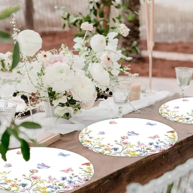 Alt view image 5 of 7 - 50PCS Spring Floral Placemats Disposable Wildflower Paper Placemats Summer Round Table Mats for Birthday Wedding Anniversary Bride Party Supplies
