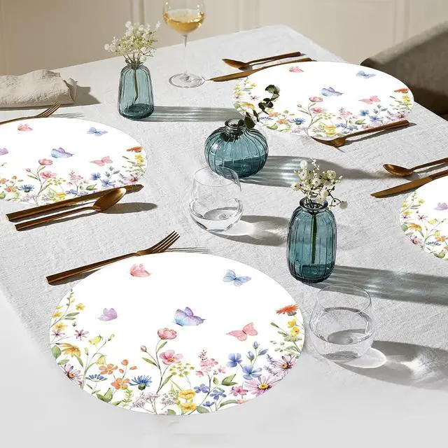 Alt view image 6 of 7 - 50PCS Spring Floral Placemats Disposable Wildflower Paper Placemats Summer Round Table Mats for Birthday Wedding Anniversary Bride Party Supplies