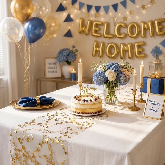 Alt view image 3 of 7 - YATOJUZI 16 Ft Gold Table Runner Birthday Party Table Decorations | Golden Star Sheer Chiffon Tulle Table Runners, Glitter Metallic Gold Foil Centerpiece for Welcome Home Party Decor