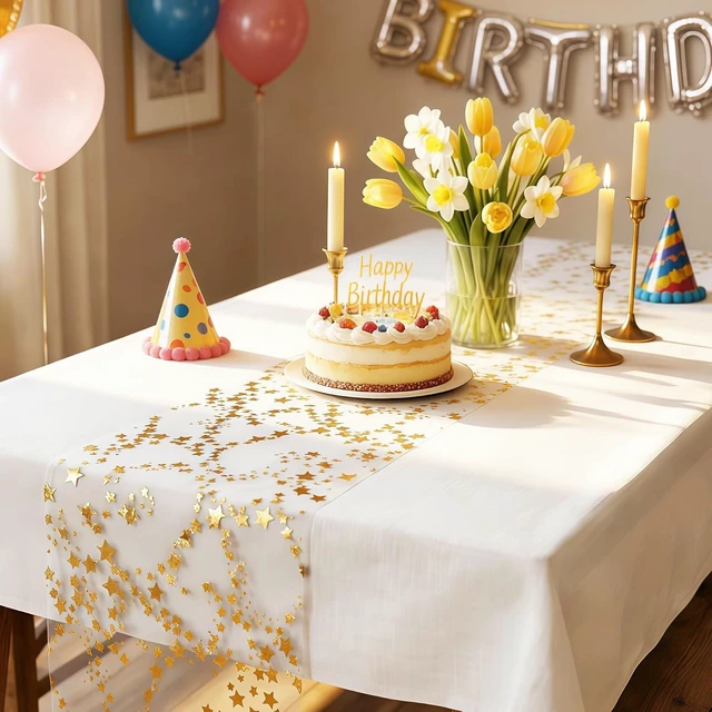 Alt view image 2 of 7 - YATOJUZI 16 Ft Gold Table Runner Birthday Party Table Decorations | Golden Star Sheer Chiffon Tulle Table Runners, Glitter Metallic Gold Foil Centerpiece for Welcome Home Party Decor