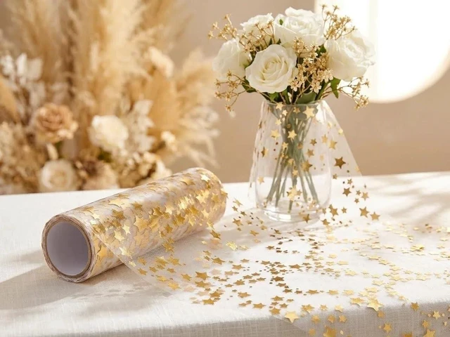 Alt view image 4 of 7 - YATOJUZI 16 Ft Gold Table Runner Birthday Party Table Decorations | Golden Star Sheer Chiffon Tulle Table Runners, Glitter Metallic Gold Foil Centerpiece for Welcome Home Party Decor