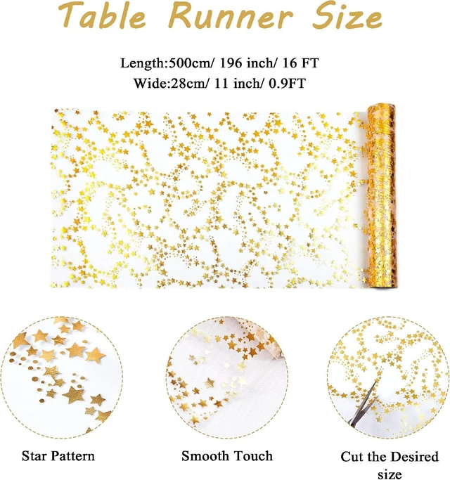 Alt view image 5 of 7 - YATOJUZI 16 Ft Gold Table Runner Birthday Party Table Decorations | Golden Star Sheer Chiffon Tulle Table Runners, Glitter Metallic Gold Foil Centerpiece for Welcome Home Party Decor