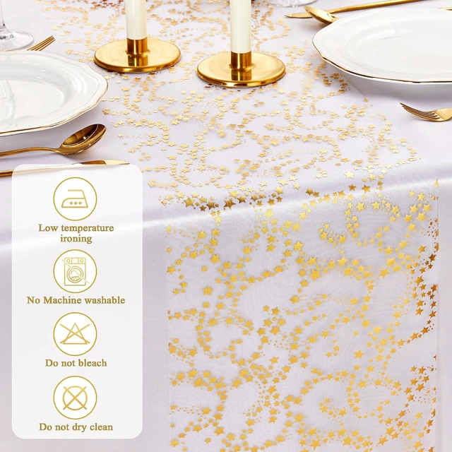 Alt view image 7 of 7 - YATOJUZI 16 Ft Gold Table Runner Birthday Party Table Decorations | Golden Star Sheer Chiffon Tulle Table Runners, Glitter Metallic Gold Foil Centerpiece for Welcome Home Party Decor