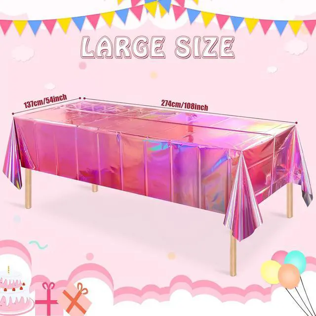 Alt view image 2 of 7 - 4 Pack Iridescent Pink Plastic Tablecloths, FunnyPars Shiny Disposable Laser Rectangle Table Covers, Holographic Foil Tablecloth Iridescent Party Decorations for Kpop Birthday Wedding Xmas, 54x108Inch