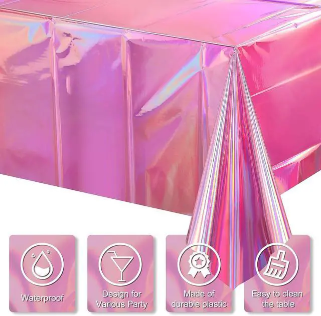 Alt view image 3 of 7 - 4 Pack Iridescent Pink Plastic Tablecloths, FunnyPars Shiny Disposable Laser Rectangle Table Covers, Holographic Foil Tablecloth Iridescent Party Decorations for Kpop Birthday Wedding Xmas, 54x108Inch