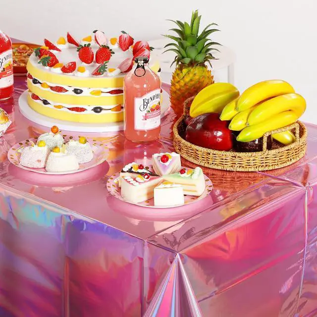 Alt view image 5 of 7 - 4 Pack Iridescent Pink Plastic Tablecloths, FunnyPars Shiny Disposable Laser Rectangle Table Covers, Holographic Foil Tablecloth Iridescent Party Decorations for Kpop Birthday Wedding Xmas, 54x108Inch