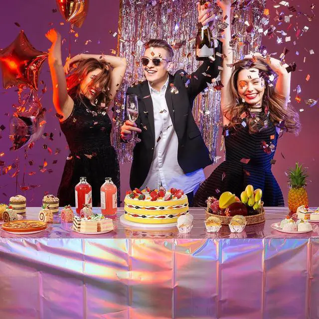 Alt view image 7 of 7 - 4 Pack Iridescent Pink Plastic Tablecloths, FunnyPars Shiny Disposable Laser Rectangle Table Covers, Holographic Foil Tablecloth Iridescent Party Decorations for Kpop Birthday Wedding Xmas, 54x108Inch