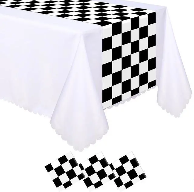 Main image of Preboun 6 Pcs Black White Checkered Plastic Table Runner 14 x 108 in | Checkered Table Runner, Racetrack Road Table Runner, Fit Two Fast Car Theme Birthday, Racing Party Decor, Events Supplies