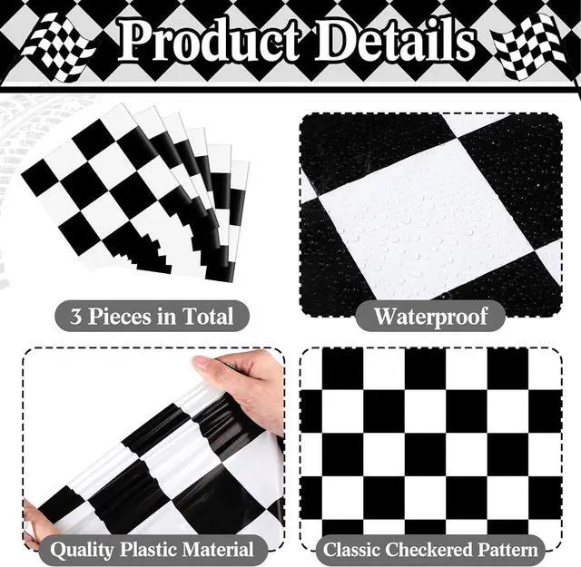 Alt view image 2 of 7 - Preboun 6 Pcs Black White Checkered Plastic Table Runner 14 x 108 in | Checkered Table Runner, Racetrack Road Table Runner, Fit Two Fast Car Theme Birthday, Racing Party Decor, Events Supplies