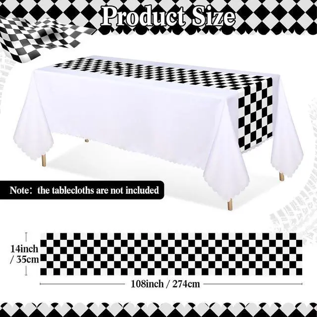 Alt view image 3 of 7 - Preboun 6 Pcs Black White Checkered Plastic Table Runner 14 x 108 in | Checkered Table Runner, Racetrack Road Table Runner, Fit Two Fast Car Theme Birthday, Racing Party Decor, Events Supplies