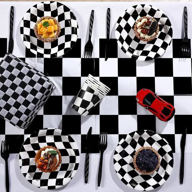 Alt view image 4 of 7 - Preboun 6 Pcs Black White Checkered Plastic Table Runner 14 x 108 in | Checkered Table Runner, Racetrack Road Table Runner, Fit Two Fast Car Theme Birthday, Racing Party Decor, Events Supplies