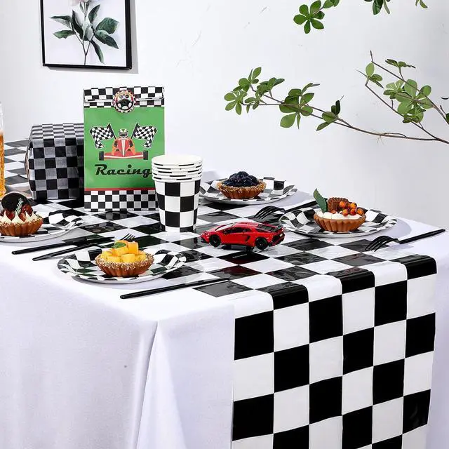 Alt view image 5 of 7 - Preboun 6 Pcs Black White Checkered Plastic Table Runner 14 x 108 in | Checkered Table Runner, Racetrack Road Table Runner, Fit Two Fast Car Theme Birthday, Racing Party Decor, Events Supplies