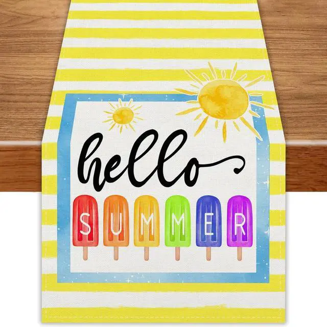 Main image of Yellow Ice Cream Hello Summer Table Runner Summer Hawaiian Hawaii Party Ice Cream Party Decorations and Supplies for Home 13x72 Inch