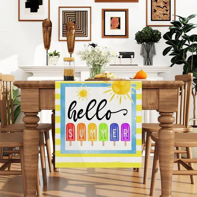 Alt view image 2 of 6 - Yellow Ice Cream Hello Summer Table Runner Summer Hawaiian Hawaii Party Ice Cream Party Decorations and Supplies for Home 13x72 Inch