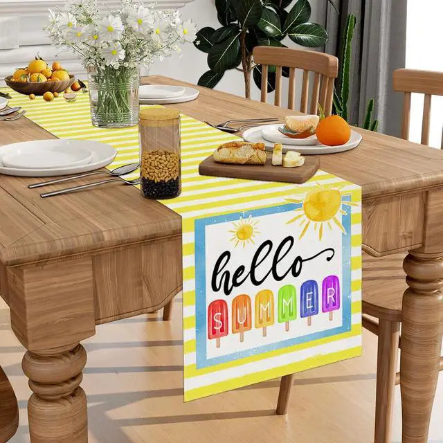 Alt view image 3 of 6 - Yellow Ice Cream Hello Summer Table Runner Summer Hawaiian Hawaii Party Ice Cream Party Decorations and Supplies for Home 13x72 Inch