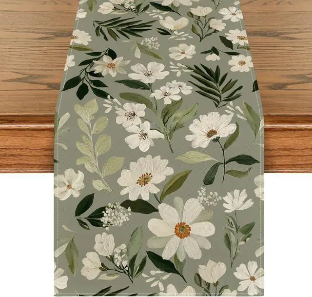 Main image of Artoid Mode Olive Green Daisy Flowers 210 GSM Spring Table Runner, Seasonal Summer Kitchen Dining Table Decoration for Home Party Decor 13x72 Inch
