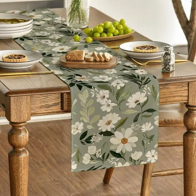 Alt view image 3 of 7 - Artoid Mode Olive Green Daisy Flowers 210 GSM Spring Table Runner, Seasonal Summer Kitchen Dining Table Decoration for Home Party Decor 13x72 Inch