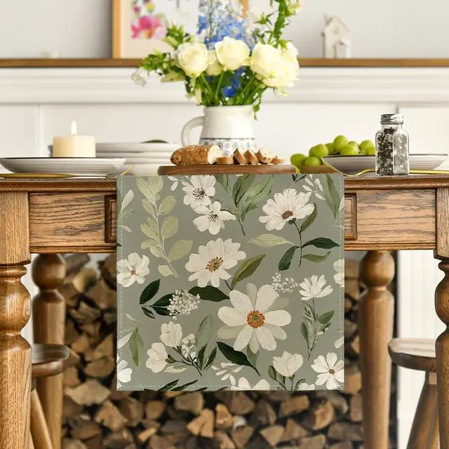Alt view image 2 of 7 - Artoid Mode Olive Green Daisy Flowers 210 GSM Spring Table Runner, Seasonal Summer Kitchen Dining Table Decoration for Home Party Decor 13x72 Inch