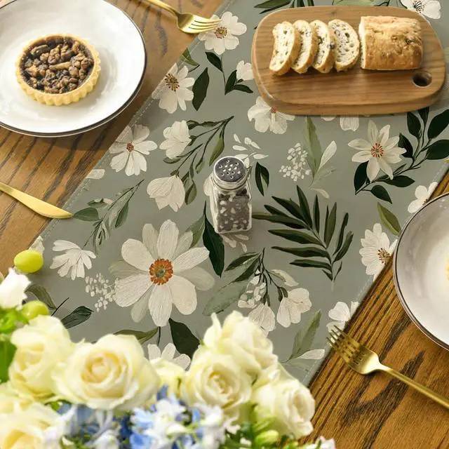Alt view image 4 of 7 - Artoid Mode Olive Green Daisy Flowers 210 GSM Spring Table Runner, Seasonal Summer Kitchen Dining Table Decoration for Home Party Decor 13x72 Inch