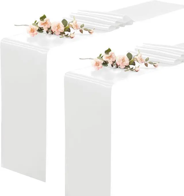 Main image of KKJIAF 2 Pack White Silky Satin Table Runner 12" x 108" | Rectangular Smooth Satin Silk Table Runner for Wedding, Banquet, Birthday Party Decoration, Tight Sewn Edges