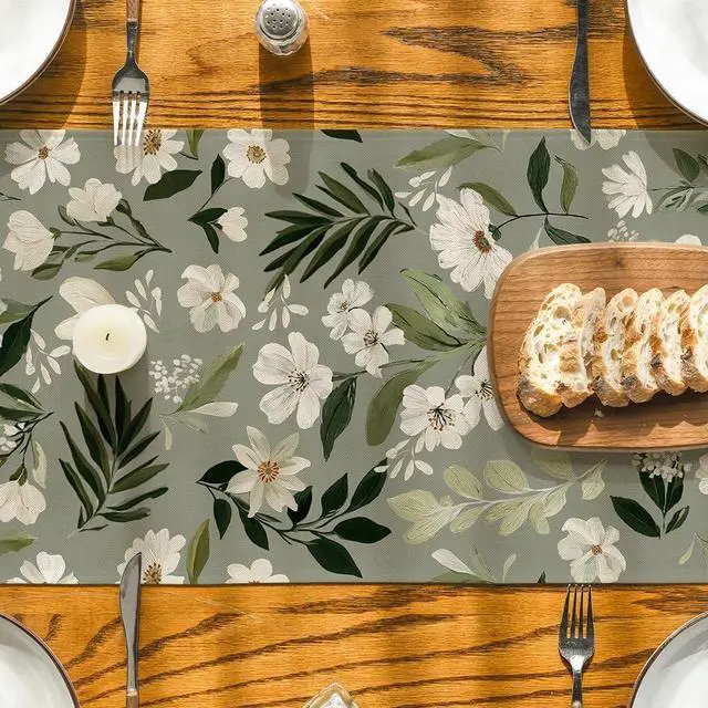 Alt view image 7 of 7 - Artoid Mode Olive Green Daisy Flowers 210 GSM Spring Table Runner, Seasonal Summer Kitchen Dining Table Decoration for Home Party Decor 13x72 Inch