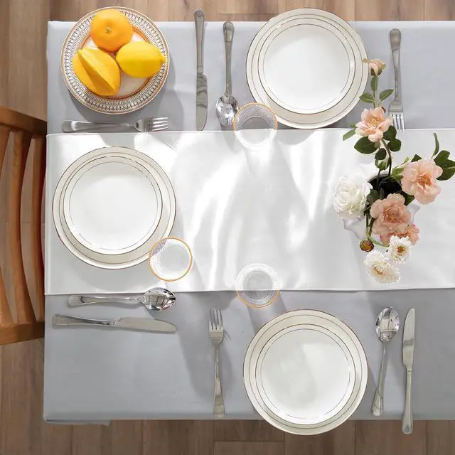 Alt view image 4 of 6 - KKJIAF 2 Pack White Silky Satin Table Runner 12" x 108" | Rectangular Smooth Satin Silk Table Runner for Wedding, Banquet, Birthday Party Decoration, Tight Sewn Edges