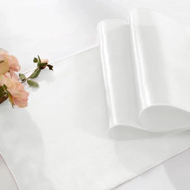 Alt view image 5 of 6 - KKJIAF 2 Pack White Silky Satin Table Runner 12" x 108" | Rectangular Smooth Satin Silk Table Runner for Wedding, Banquet, Birthday Party Decoration, Tight Sewn Edges