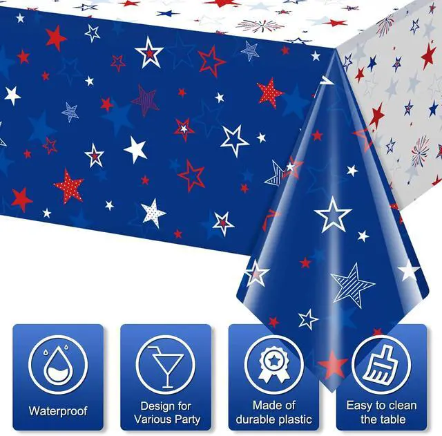 Alt view image 3 of 7 - 3 Pack Patriotic Tablecloth Decorations for 4th of July Independence Day, Plastic Memorial Day Table Cover Printed with Stars and Fireworks for Patriotic Themed Party Supplies, 54 x 108 Inch