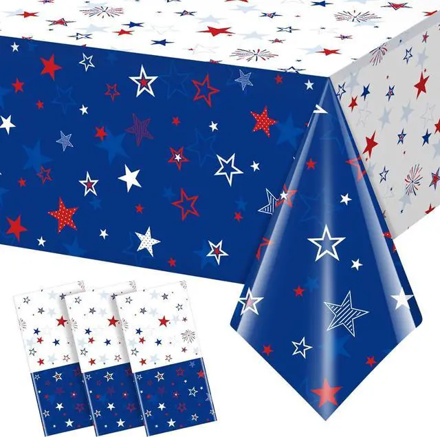 Main image of 3 Pack Patriotic Tablecloth Decorations for 4th of July Independence Day, Plastic Memorial Day Table Cover Printed with Stars and Fireworks for Patriotic Themed Party Supplies, 54 x 108 Inch