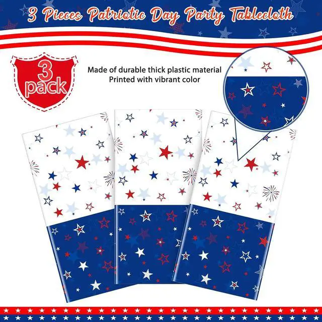 Alt view image 4 of 7 - 3 Pack Patriotic Tablecloth Decorations for 4th of July Independence Day, Plastic Memorial Day Table Cover Printed with Stars and Fireworks for Patriotic Themed Party Supplies, 54 x 108 Inch
